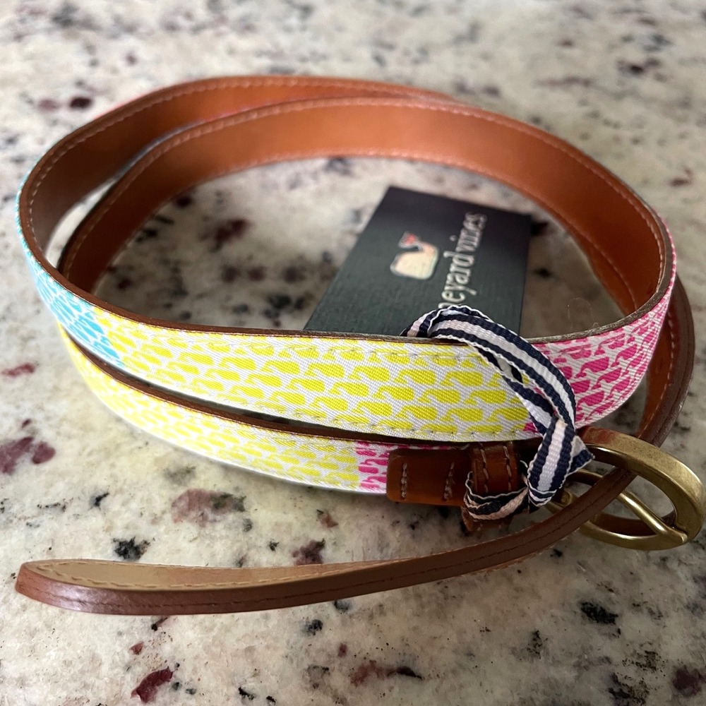 Vineyard Vines Silk Belt Women M Patchwork Neon Whale Preppy Leather Buckle Slim